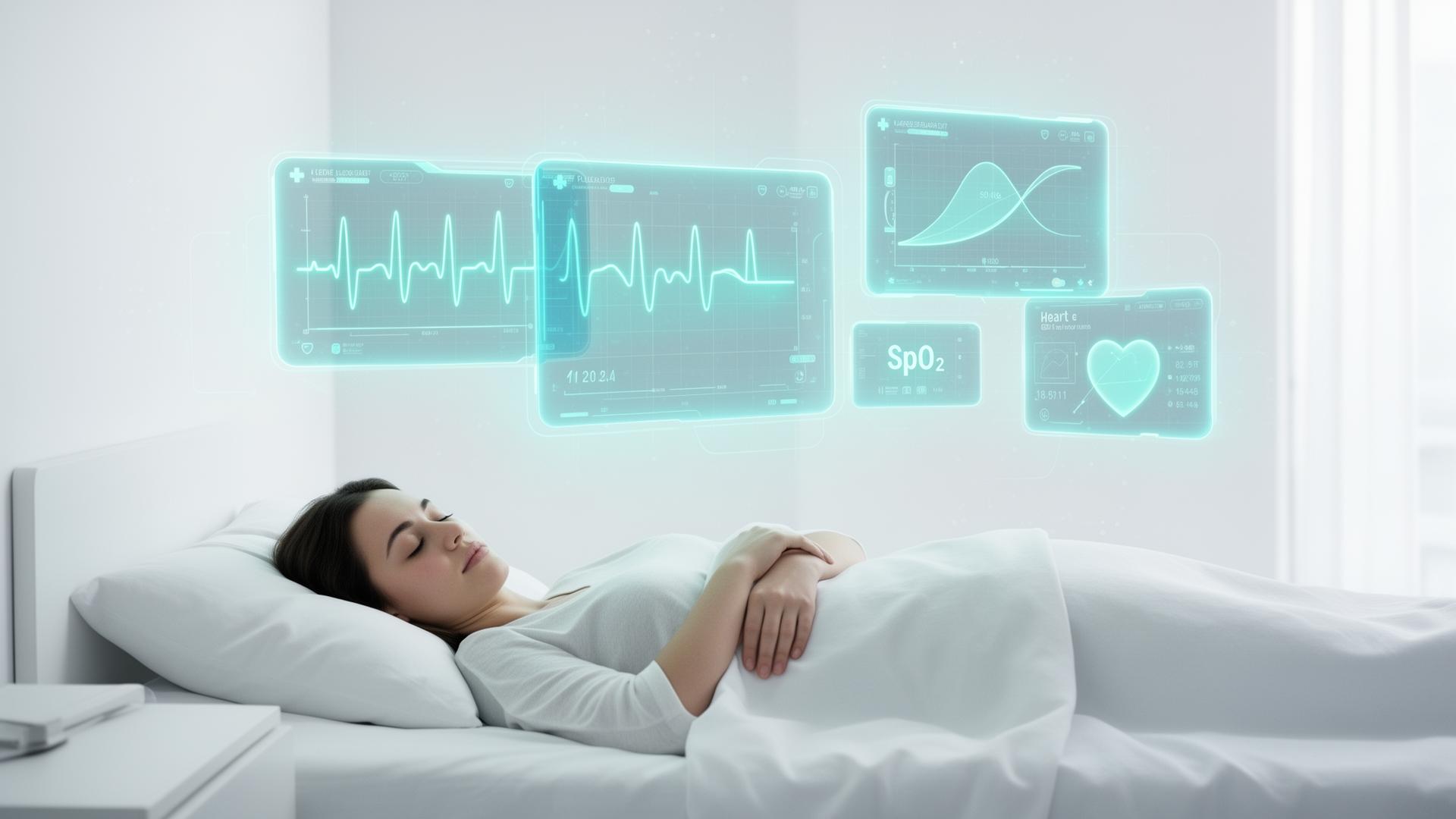 Patient at home monitored by Housepital command centre with floating vital sign cards